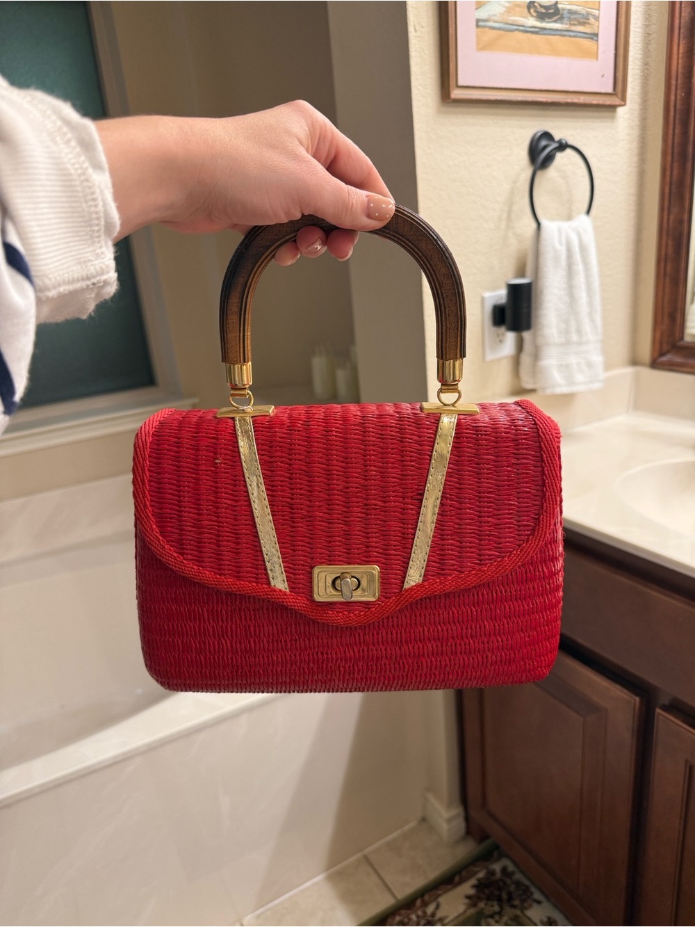 Vintage Structured Red Mini Top-Handle Bag with Gold Hardware